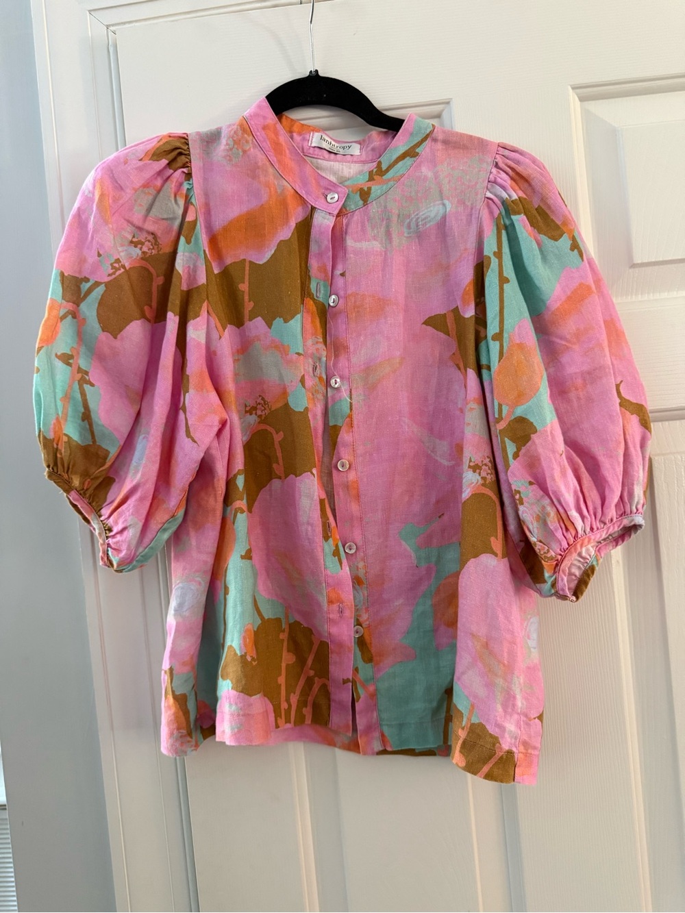 Pink Floral Puff-Sleeve Button-Down Blouse — Pink Multi